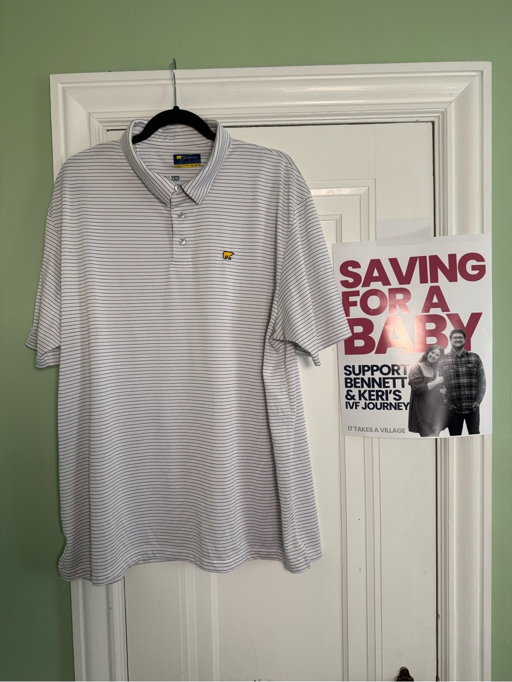 Men's White & Gray Striped Polo Shirt with Golden Bear Logo